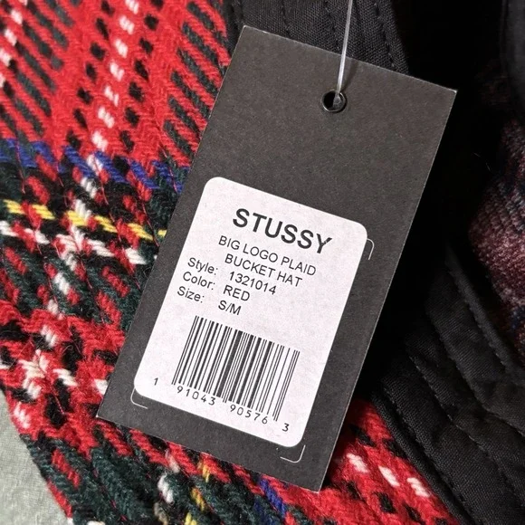 NWT Stussy Big Logo Plaid Bucket Hat Red S/M Y2K 90s Style Streetwear - Picture 3 of 6